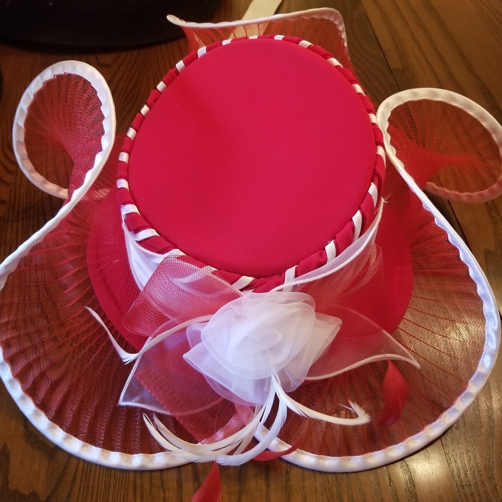 Elegant Red and White Hat with Ribbon Detail